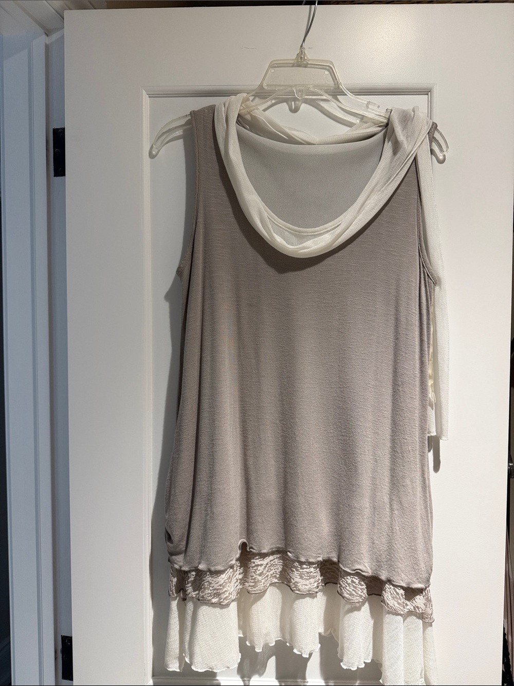 Sleeveless Layered Tunic with Draped Scarf - Taupe & Cream